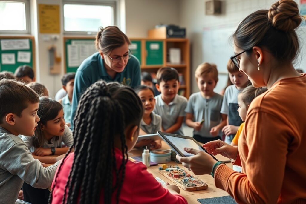 A teacher is showing a tablet to her students gathered around a desk.